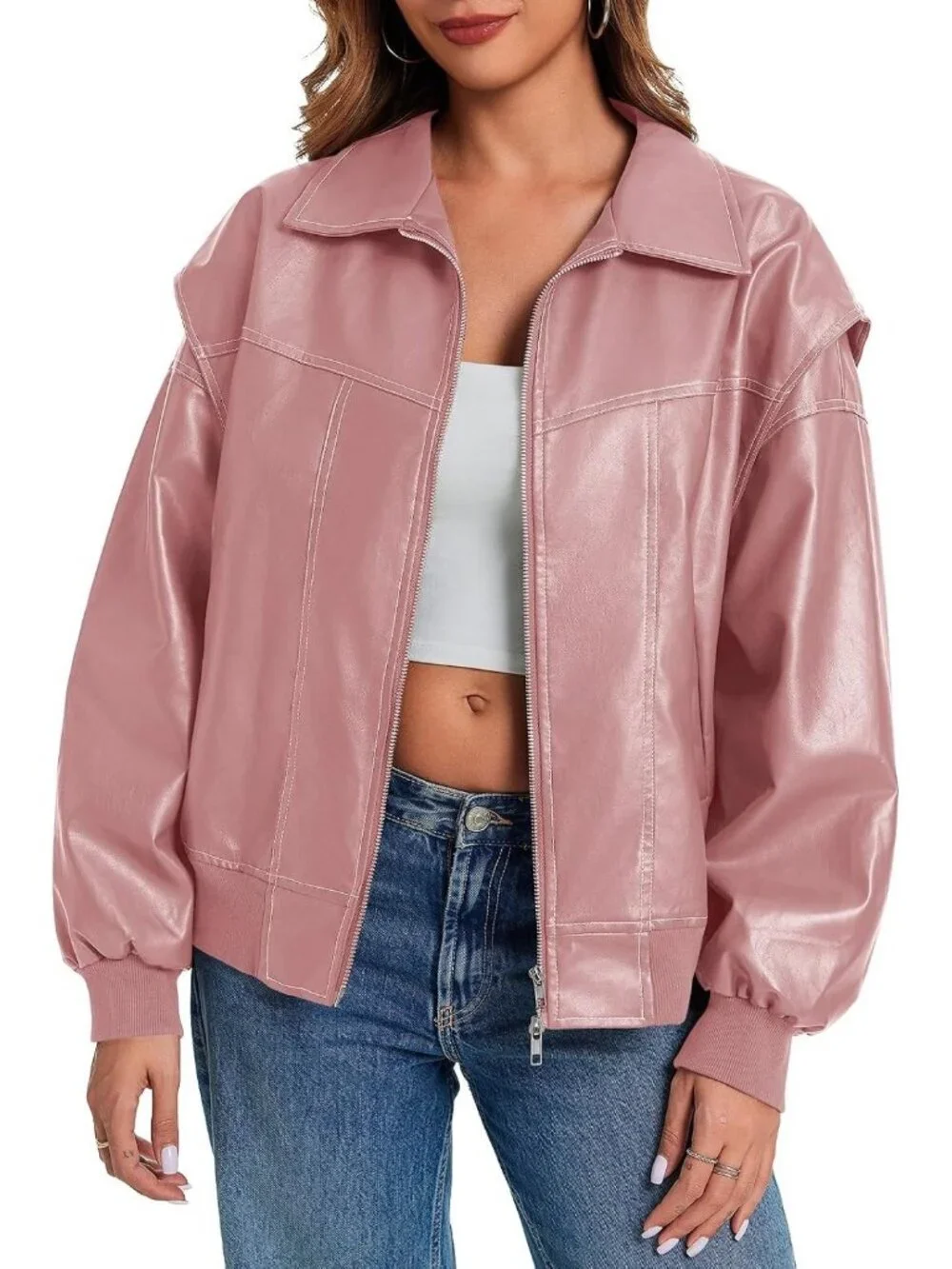 Women's Pink Oversized Faux Leather Bomber Jacket Motorcycle ZIP Up Coat
